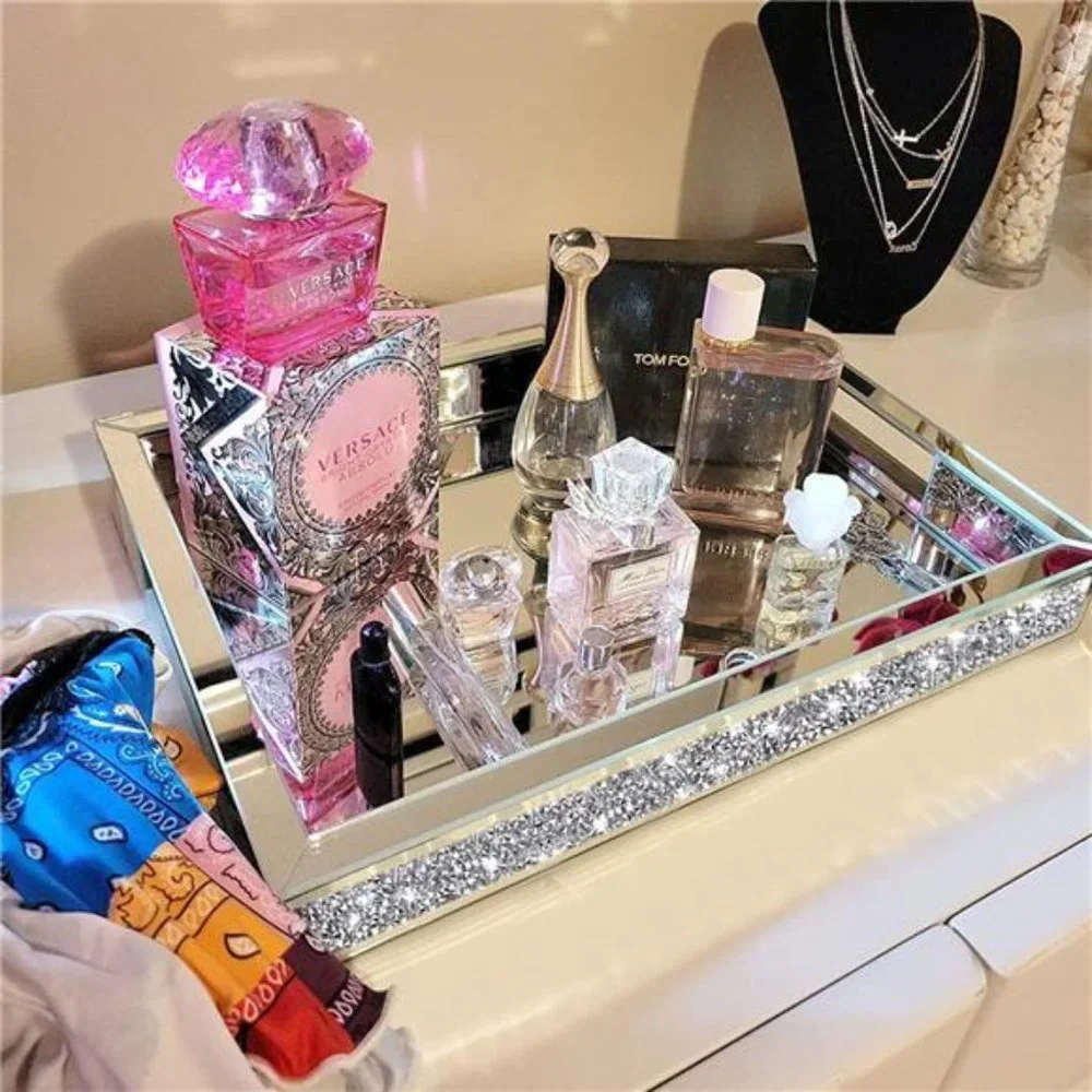 Mirror Jewelry Organizer fits Dresser Bedroom,Crushed Diamond Bathroom Tray